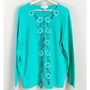 Susan Graver Style Sweater Floral Applique Cardigan Green 1X Vintage 90s